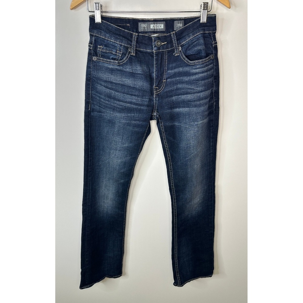 BKE Aiden Jeans Mens 28 Dark Wash Blue Boot Leg Bootcut Denim Stretch Whiskering - Picture 2 of 12